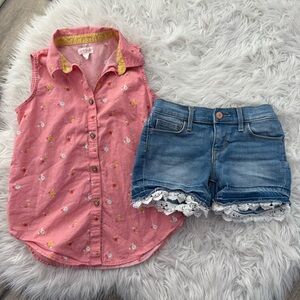 Peach Floral Button Down Tank & Old Navy Denim Shorts with Lace Trim